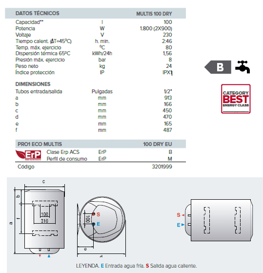 Especificaciones del termo eléctrico Ariston Dry Multis 100