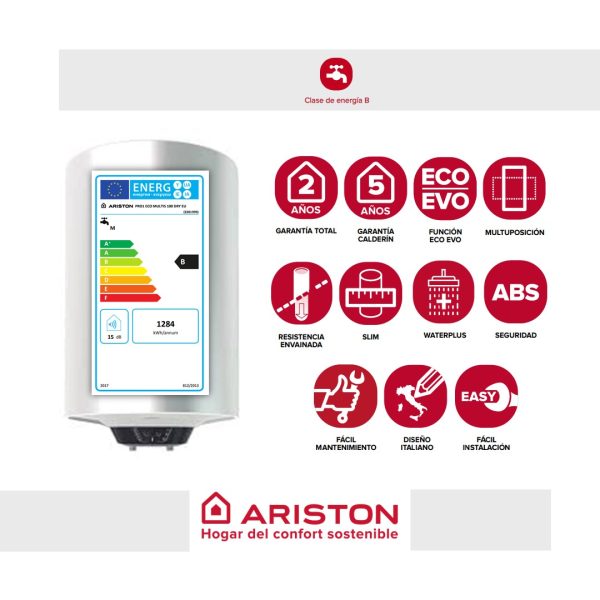 Características del termo eléctrico Ariston Dry Multis 100 instalado en una cocina