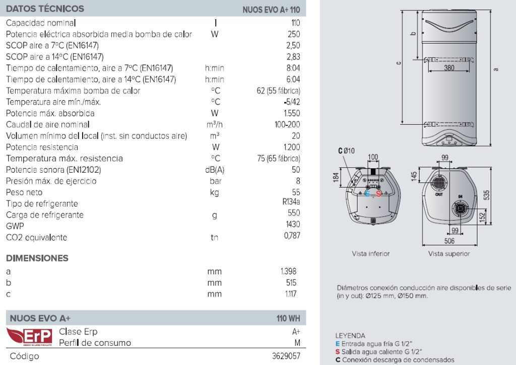 Especificaciones del Aerotermo Ariston Nuos EVO A+ 110